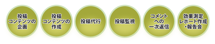 投稿コンテンツの企画 投稿コンテンツの作成 投稿代行 投稿監視 コメントへの一次返信 効果測定レポート作成・報告会