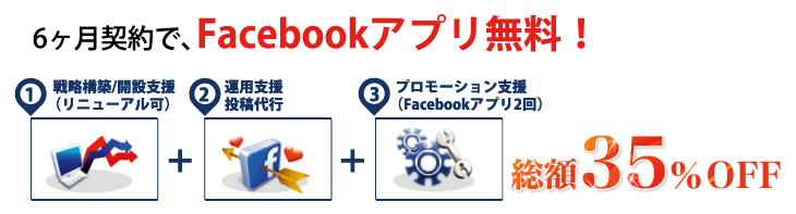 6ヶ月契約で、Facebookアプリ無料！
1.戦略構築/開設支援（リニューアル可） → 2.運用支援投稿代行 → 3.プロモーション支援（Facebookアプリ2回）