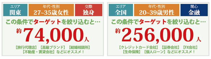 エリア：関東　年代・性別：27〜35歳女性　交際：独身
この条件でターゲットを絞り込むと...約74,000人　【旅行代理店】【高級ブランド】【結婚相談所】【不動産・賃貸会社】などにオススメ！
エリア：全国　年代・性別：20〜39歳男性　関心：金融
この条件でターゲットを絞り込むと...約256,000人　【クレジットカード会社】【証券会社】【FX会社】【生命保険】【個人ローン】などにオススメ！