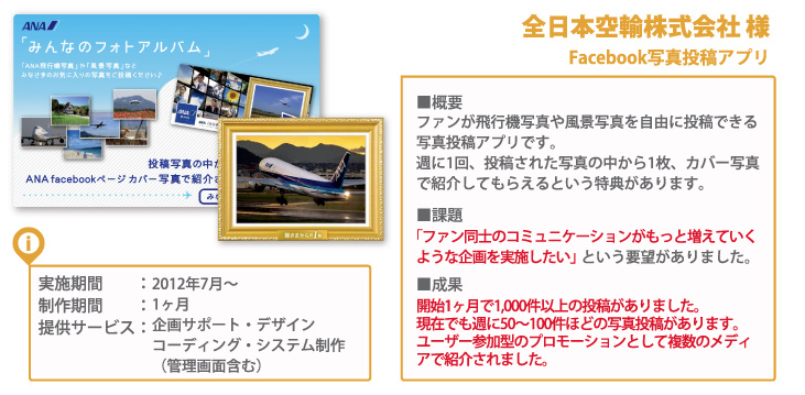 全日本空輸株式会社 様
Facebook写真投稿アプリ
■概要
ファンが飛行機写真や風景写真を自由に投稿できる写真投稿アプリです。
週に1回、投稿された写真の中から1枚、カバー写真で紹介してもらえるという特典があります。
■課題
「ファン同士のコミュニケーションがもっと増えていくような企画を実施したい」という要望がありました。
■成果
開始1ヶ月で1,000件以上の投稿がありました。
現在でも週に50?100件ほどの写真投稿があります。
ユーザー参加型のプロモーションとして複数のメディアで紹介されました。
i 実施期間　　：2012年7月?
制作期間　　：1ヶ月
提供サービス：企画サポート・デザイン
コーディング・システム制作
（管理画面含む）