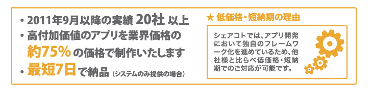 ・ 2011年9月以降の実績20社以上
・ 高付加価値のアプリを業界価格の約75%以上の価格で制作いたします
・ 最短7日で納品（システムのみ提供の場合）
★ 低価格・短納期の理由
シェアコトでは、アプリ開発において独自のフレームワーク化を進めているため、
他社様と比らべ低価格・短納期でのご対応が可能です。